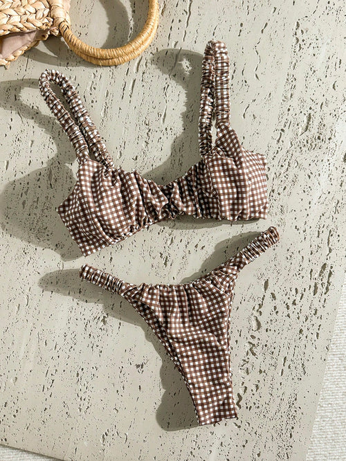 Swim Mod Women's Random Print Ruched High Cut Sexy Bikini Set, Summer