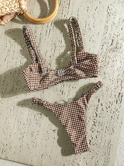 Swim Mod Women's Random Print Ruched High Cut Sexy Bikini Set, Summer