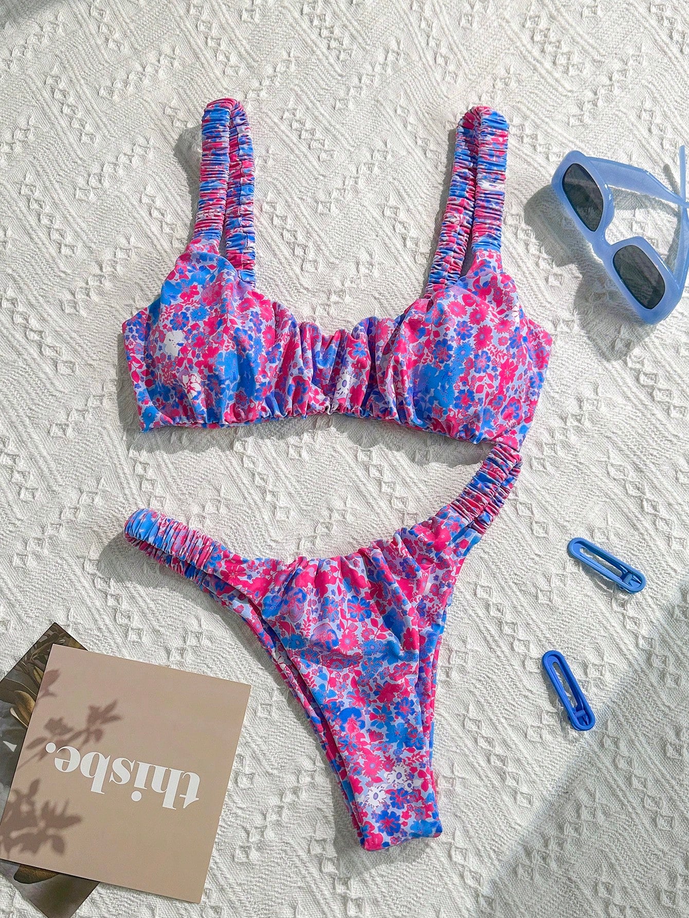 Swim Mod Women's Random Print Ruched High Cut Sexy Bikini Set, Summer