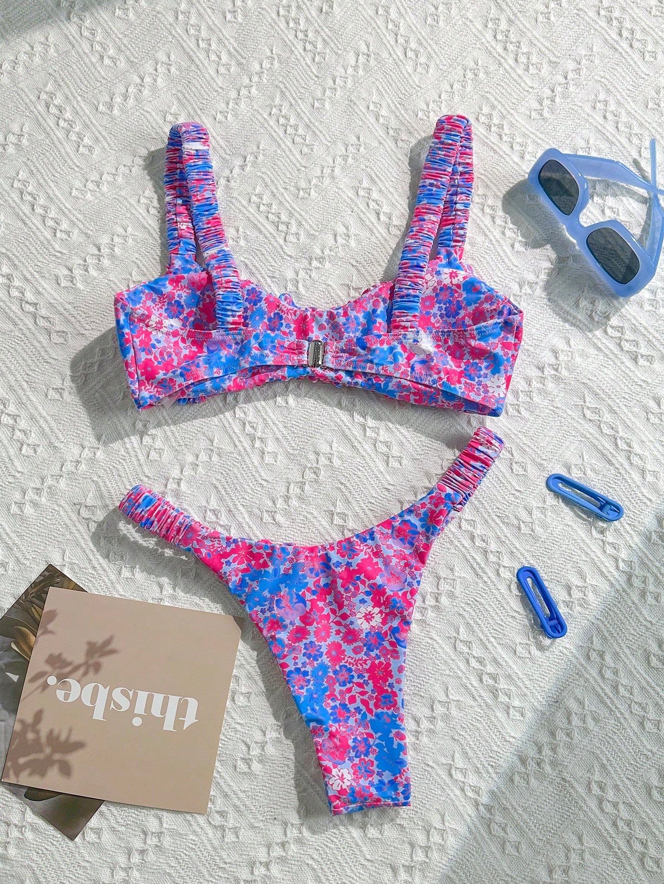 Swim Mod Women's Random Print Ruched High Cut Sexy Bikini Set, Summer