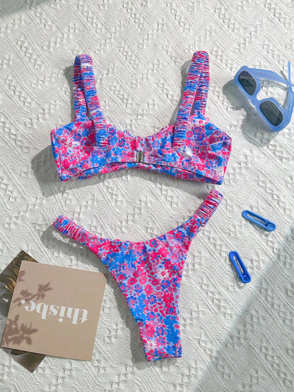 Swim Mod Women's Random Print Ruched High Cut Sexy Bikini Set, Summer