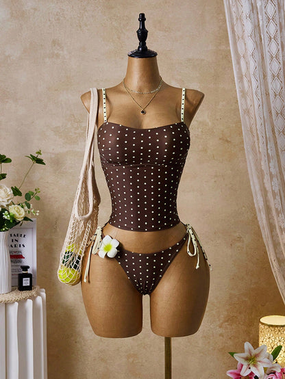 Swim Mod Women's Tropical Colorful Polka Dot Print Adjustable Strap Two Pieces Bikini Set, Elegant Vacation Beach Casual Outfit, Valentine's Day Bikini Set