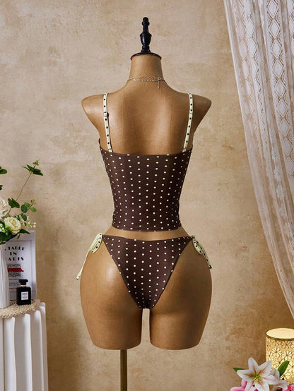 Swim Mod Women's Tropical Colorful Polka Dot Print Adjustable Strap Two Pieces Bikini Set, Elegant Vacation Beach Casual Outfit, Valentine's Day Bikini Set