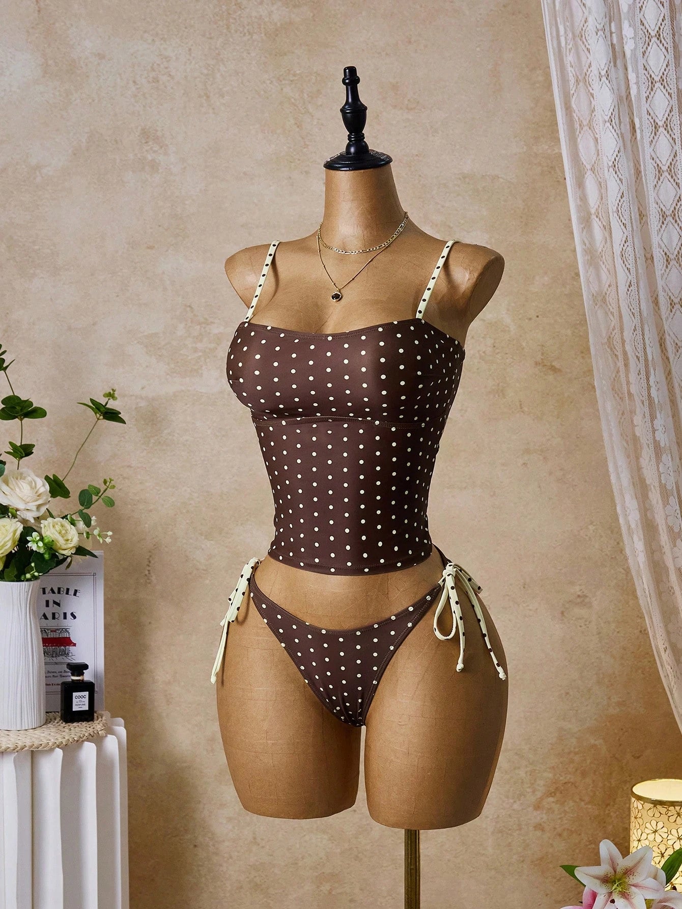 Swim Mod Women's Tropical Colorful Polka Dot Print Adjustable Strap Two Pieces Bikini Set, Elegant Vacation Beach Casual Outfit, Valentine's Day Bikini Set