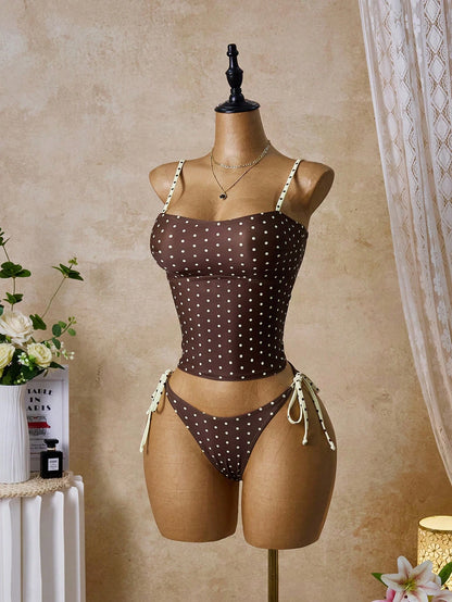 Swim Mod Women's Tropical Colorful Polka Dot Print Adjustable Strap Two Pieces Bikini Set, Elegant Vacation Beach Casual Outfit, Valentine's Day Bikini Set