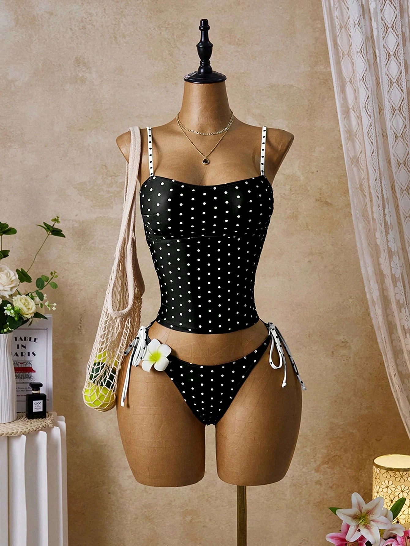 Swim Mod Women's Tropical Colorful Polka Dot Print Adjustable Strap Two Pieces Bikini Set, Elegant Vacation Beach Casual Outfit, Valentine's Day Bikini Set