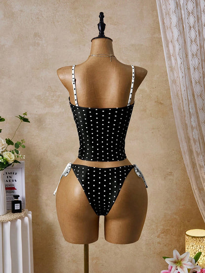 Swim Mod Women's Tropical Colorful Polka Dot Print Adjustable Strap Two Pieces Bikini Set, Elegant Vacation Beach Casual Outfit, Valentine's Day Bikini Set