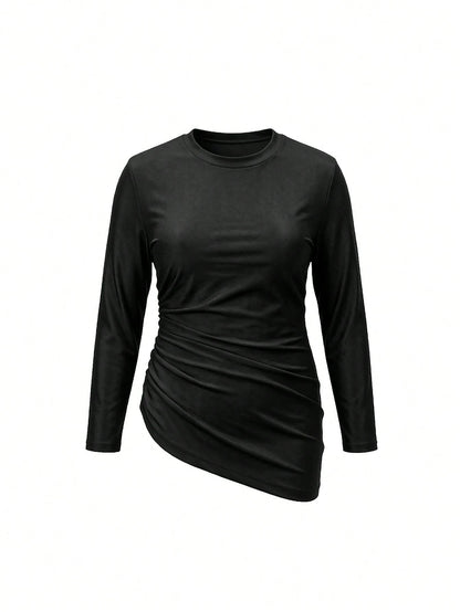 Swim Mulvari 1pc Plus Size Women Solid Color Single Side Pleated Conservative Slimming Belly Cover Burkini Swimwear Top For Summer Beach Vacation