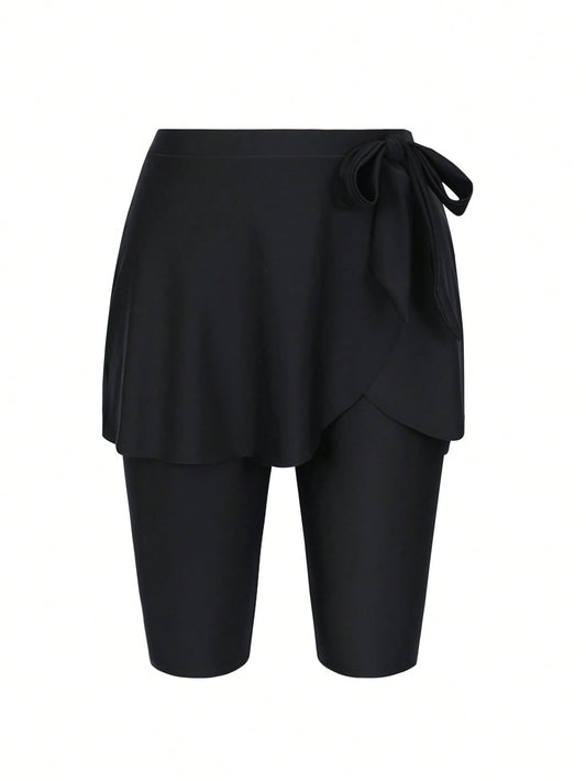 Swim Mulvari New Summer Women's Tie Waist Skirt Shorts, Black Casual Vacation Swimwear Bottom