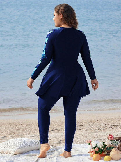 Swim Mulvari Plus Size Long Sleeve Printed Split Two-Piece Burkini SummerArabic Clothing