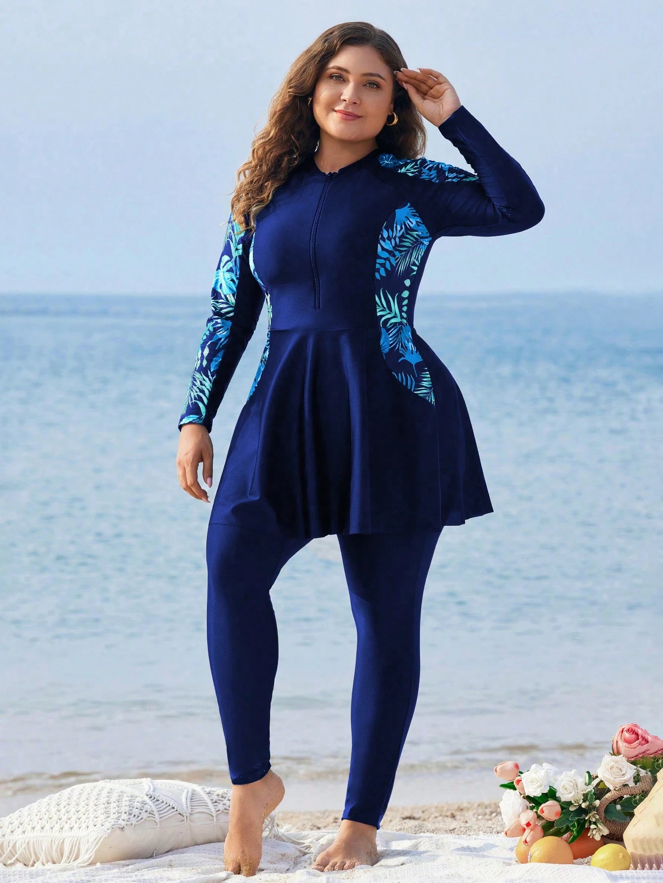 Swim Mulvari Plus Size Long Sleeve Printed Split Two-Piece Burkini SummerArabic Clothing
