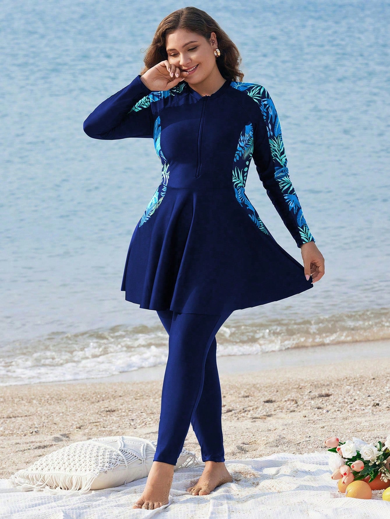 Swim Mulvari Plus Size Long Sleeve Printed Split Two-Piece Burkini SummerArabic Clothing