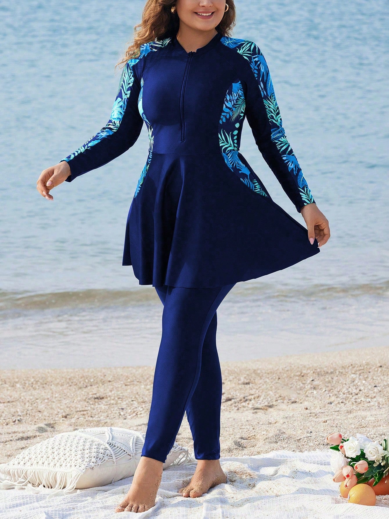 Swim Mulvari Plus Size Long Sleeve Printed Split Two-Piece Burkini SummerArabic Clothing