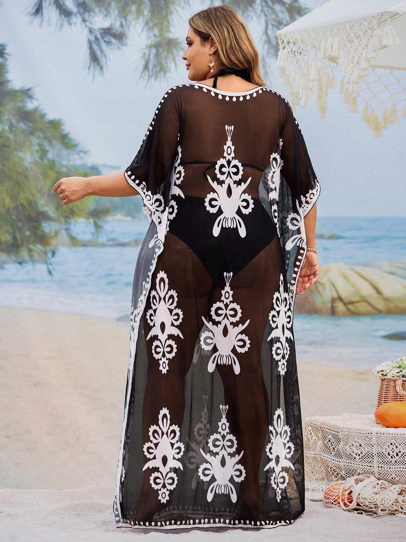 Swim Mulvari Plus Size Retro Printed Conservative Style Loose Beach Cover-Up Dress For Women For Summer Beach Vacation