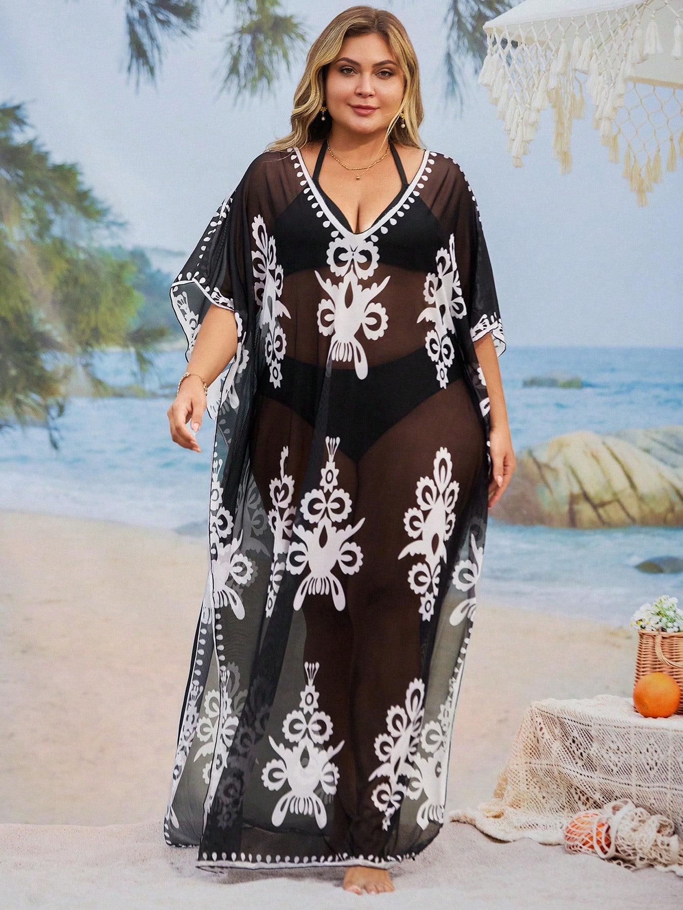 Swim Mulvari Plus Size Retro Printed Conservative Style Loose Beach Cover-Up Dress For Women For Summer Beach Vacation