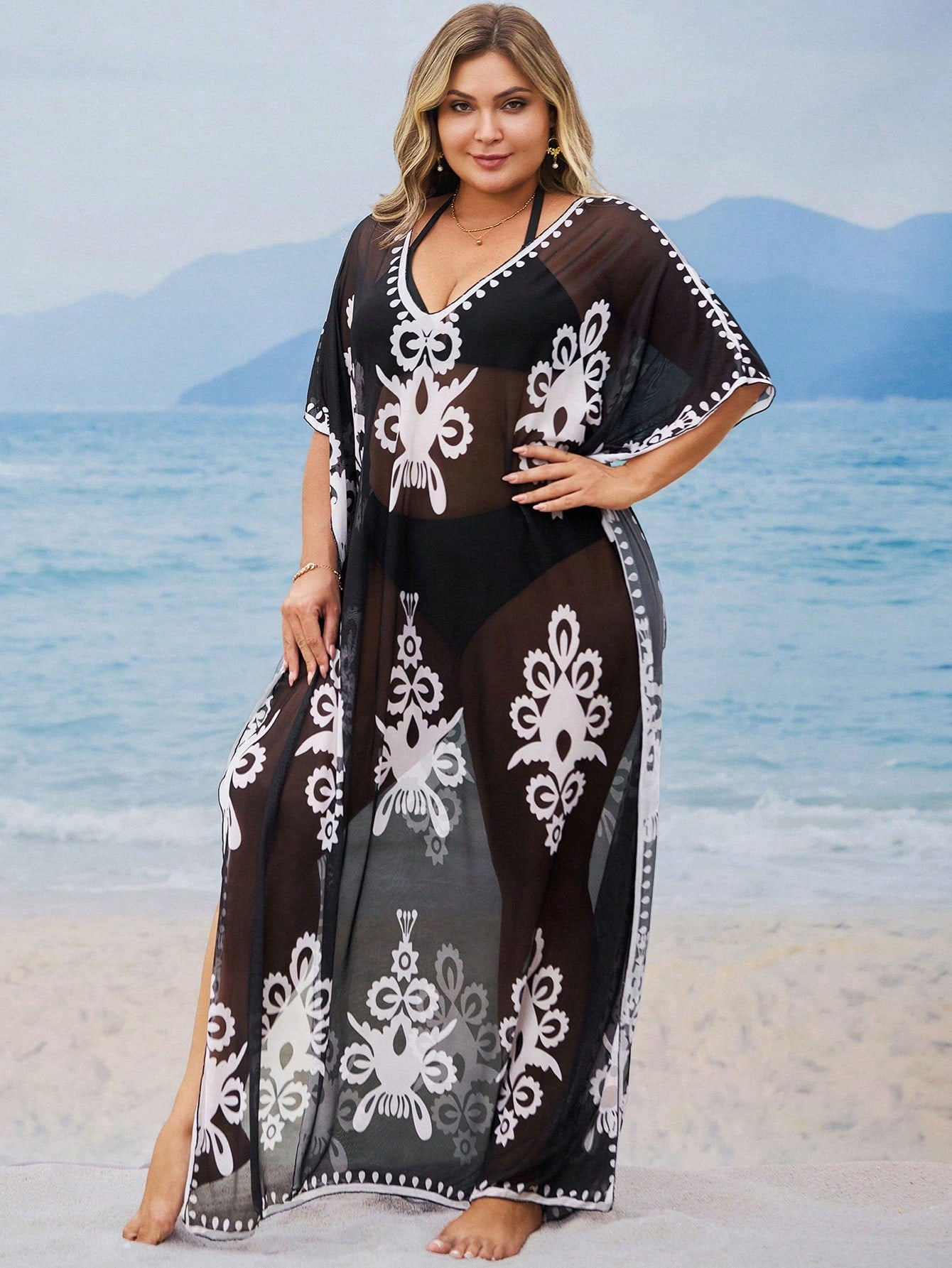 Swim Mulvari Plus Size Retro Printed Conservative Style Loose Beach Cover-Up Dress For Women For Summer Beach Vacation