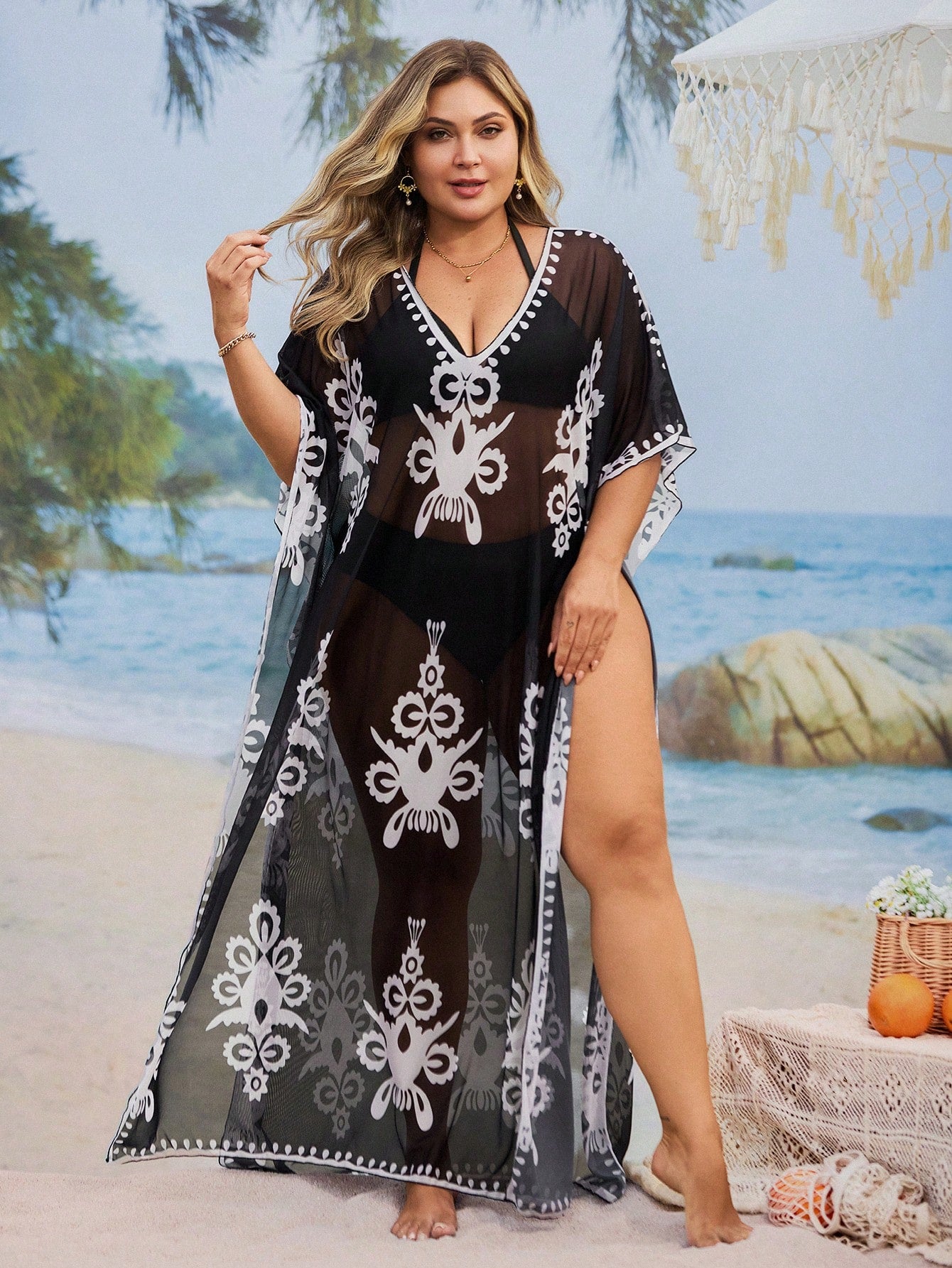 Swim Mulvari Plus Size Retro Printed Conservative Style Loose Beach Cover-Up Dress For Women For Summer Beach Vacation