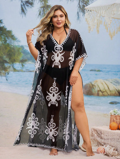 Swim Mulvari Plus Size Retro Printed Conservative Style Loose Beach Cover-Up Dress For Women For Summer Beach Vacation