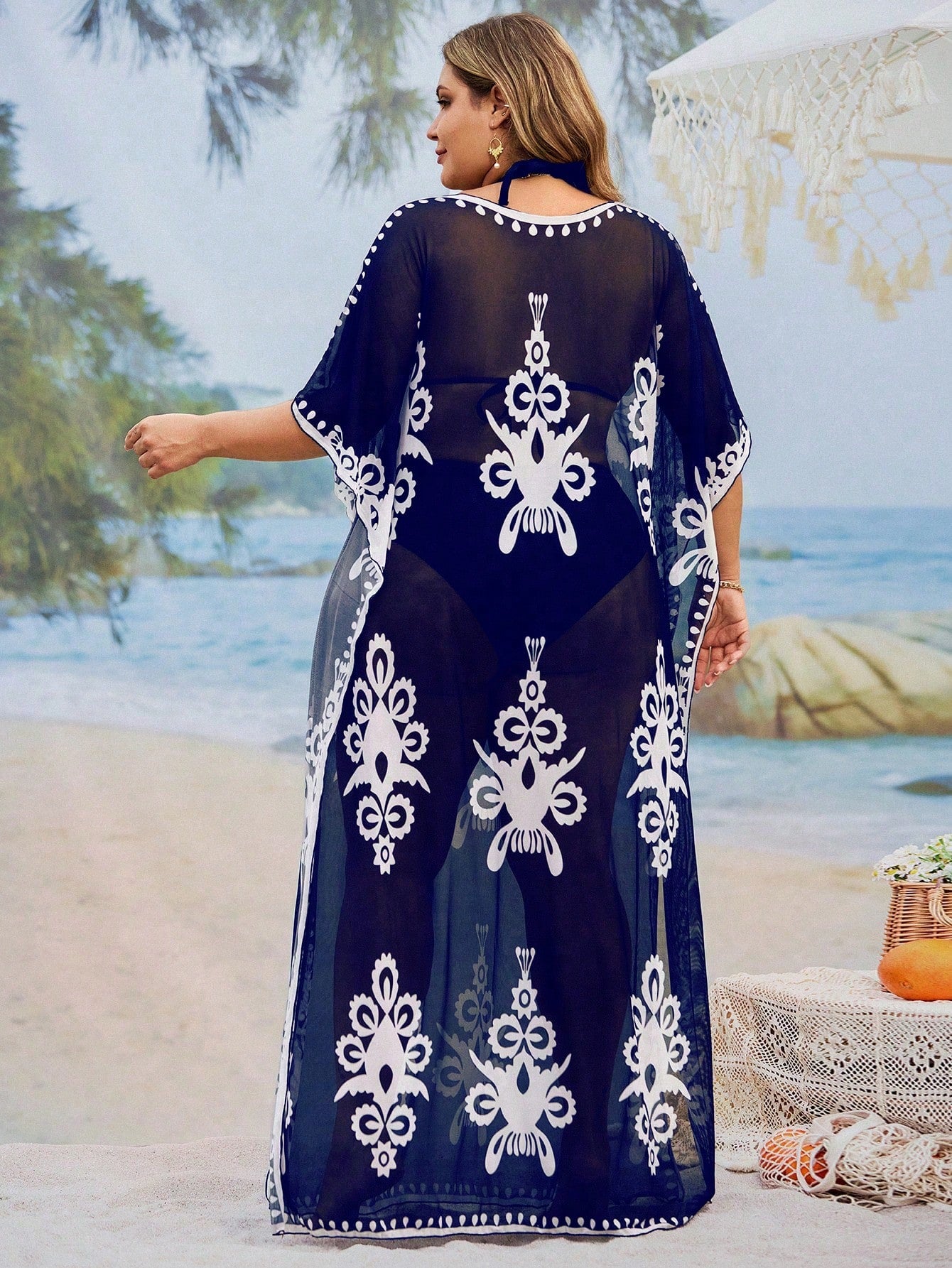 Swim Mulvari Plus Size Retro Printed Conservative Style Loose Beach Cover-Up Dress For Women For Summer Beach Vacation