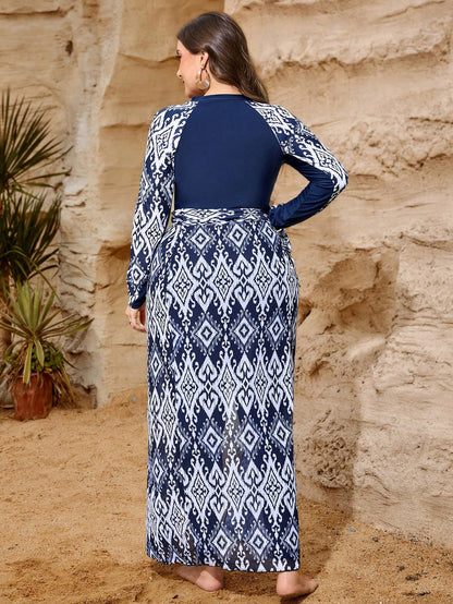 Swim Mulvari Plus Size Women Modest Swimwear 3-Piece Set,Long Sleeve,Long Pants,Mesh Skirt,Blue Digital Printed,Zipper,Summer Vacation, Al-Adha Swimming Suit