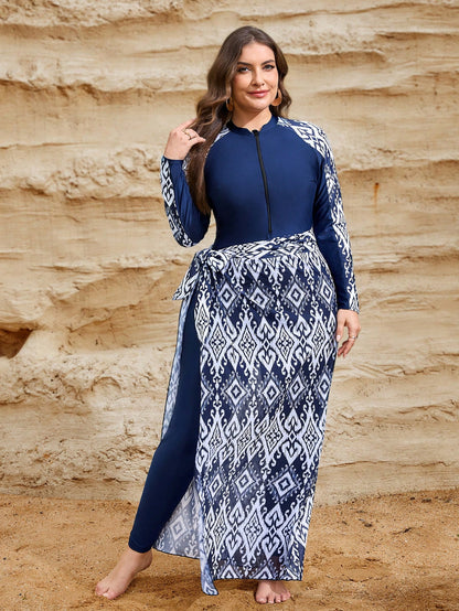 Swim Mulvari Plus Size Women Modest Swimwear 3-Piece Set,Long Sleeve,Long Pants,Mesh Skirt,Blue Digital Printed,Zipper,Summer Vacation, Al-Adha Swimming Suit