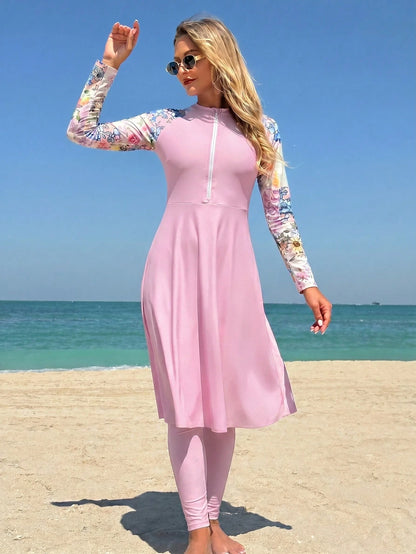 Swim Mulvari Women's Vacation Beach Floral Print Patchwork Burkini