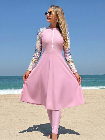 Swim Mulvari Women's Vacation Beach Floral Print Patchwork Burkini