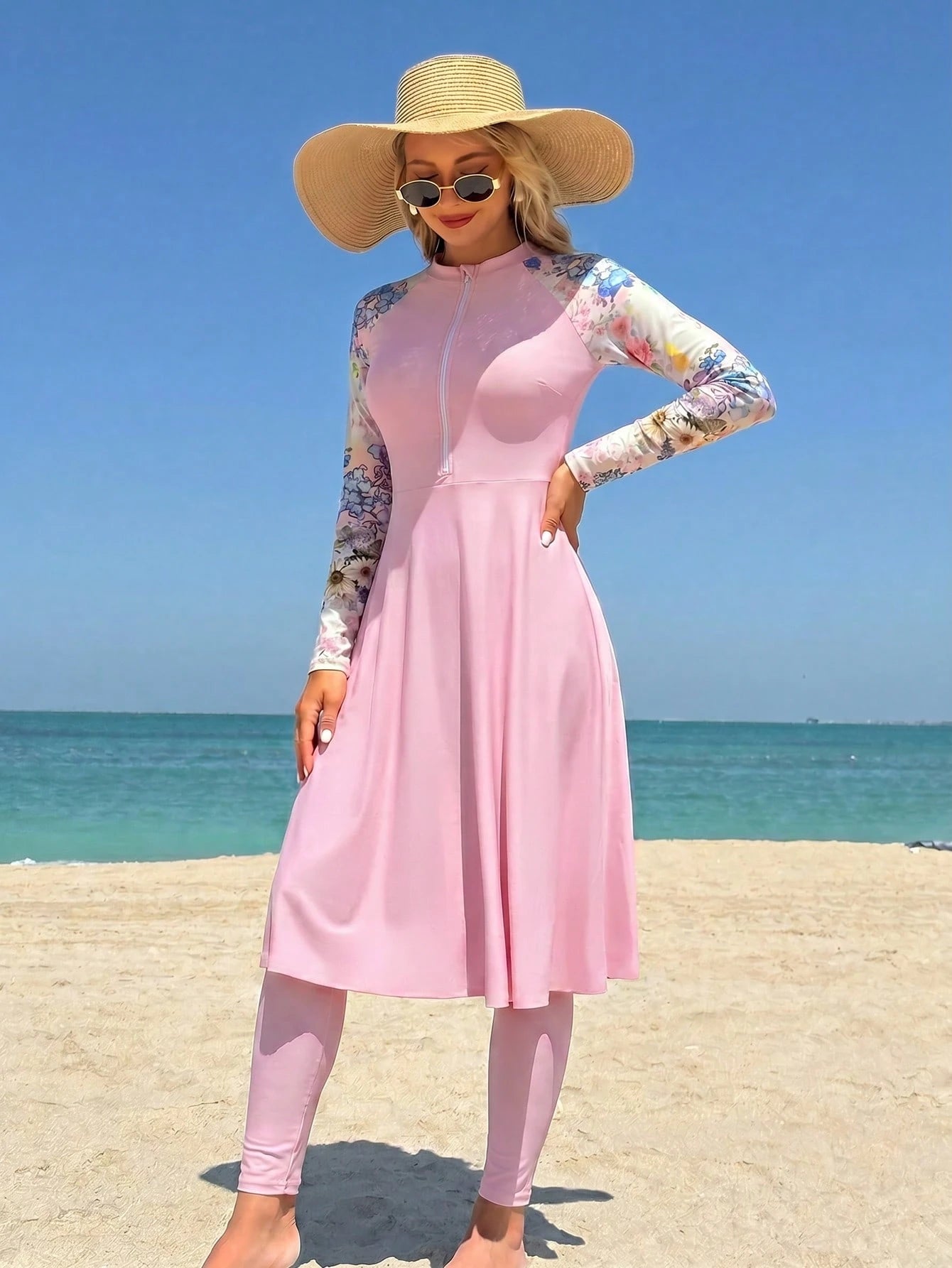 Swim Mulvari Women's Vacation Beach Floral Print Patchwork Burkini