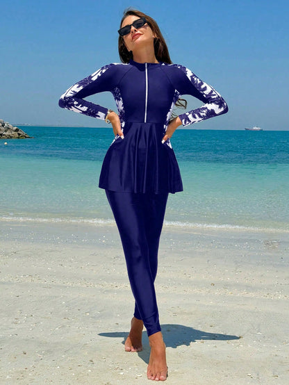 Swim Mulvari Women's Zipper Printed Long Sleeve Swimsuit Burkini Set With Swim Pants, 2pcs, Summer Beach Arabic Clothing