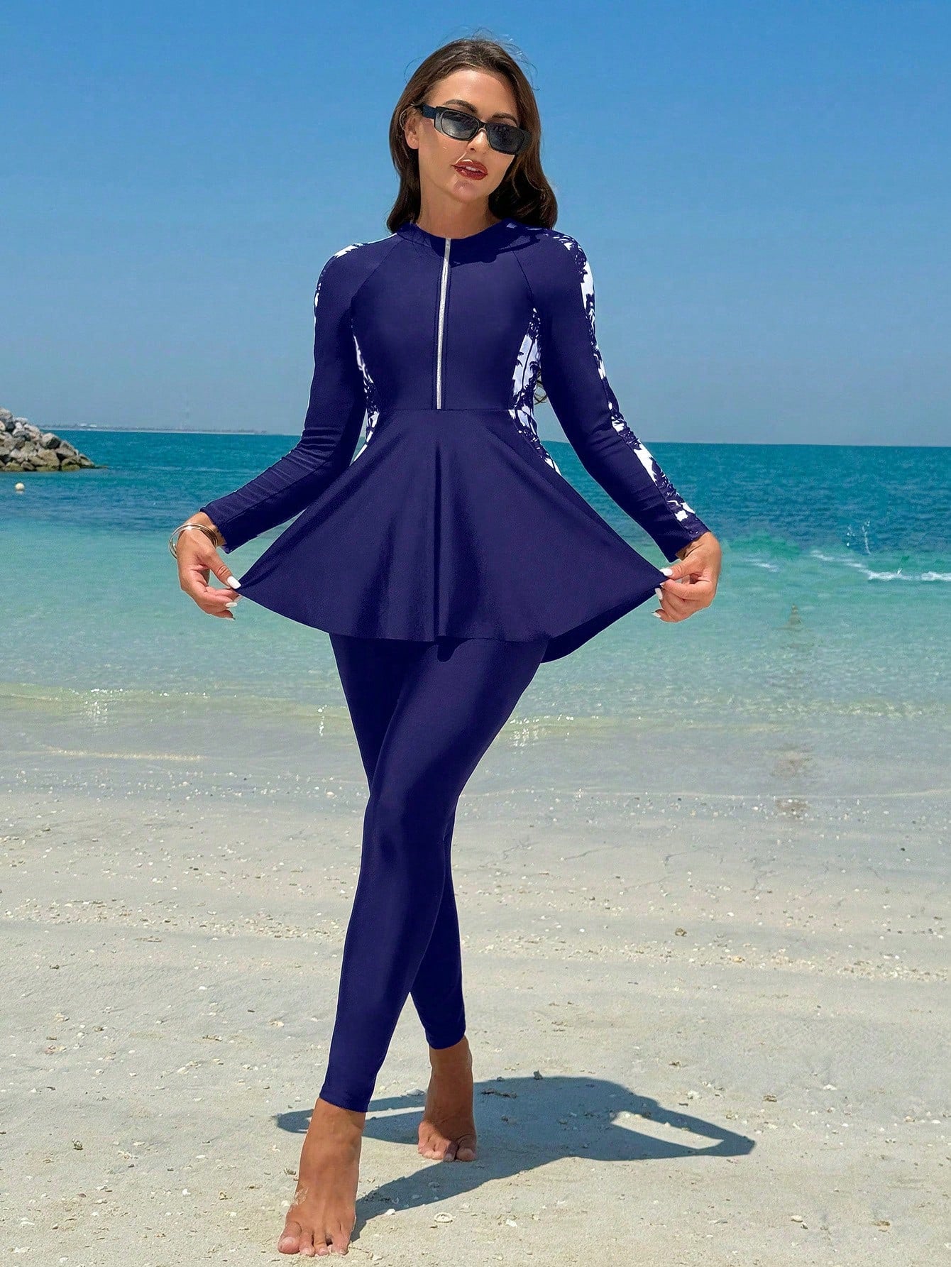 Swim Mulvari Women's Zipper Printed Long Sleeve Swimsuit Burkini Set With Swim Pants, 2pcs, Summer Beach Arabic Clothing