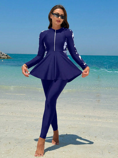 Swim Mulvari Women's Zipper Printed Long Sleeve Swimsuit Burkini Set With Swim Pants, 2pcs, Summer Beach Arabic Clothing