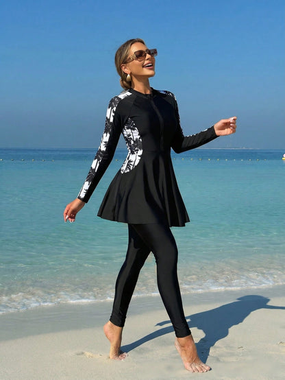 Swim Mulvari Women's Zipper Printed Long Sleeve Swimsuit Burkini Set With Swim Pants, 2pcs, Summer Beach Arabic Clothing