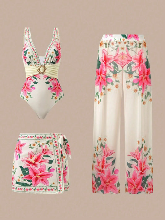 Swim Oasis 2026 New 3-Piece Women Printed Swimsuit With Skirt And Mesh Pants, Beach Resort Casual One Piece Swimsuit Set, Summer Beach Skirt Set