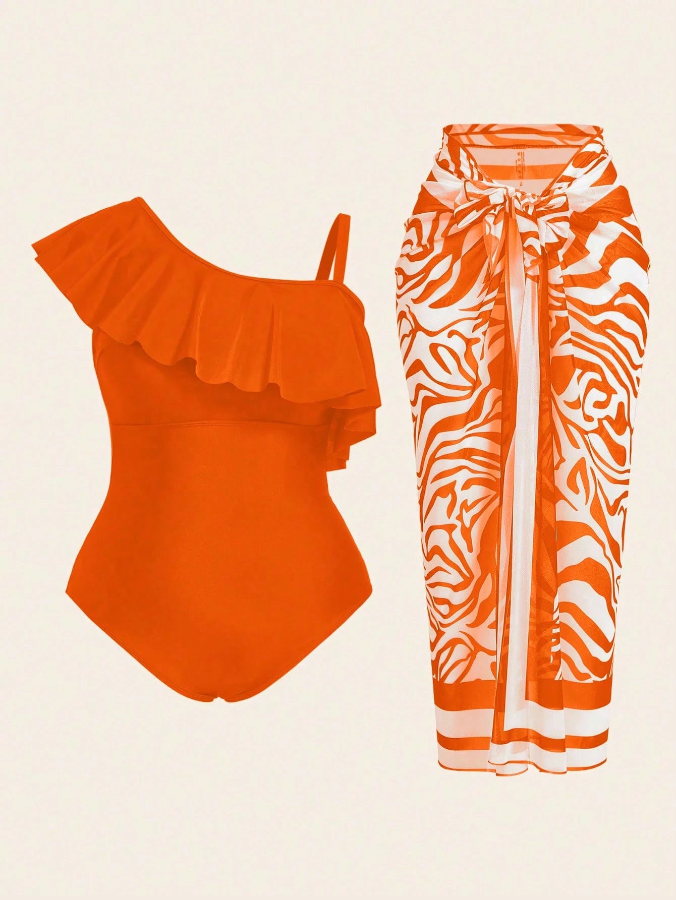 Swim Oasis 2026 Plus Size Women's Solid Color Patchwork Ruffle One-Piece Swimsuit With Zebra Print Coverup And Mini Skirt Beach Vacation Orange Summer Sexy