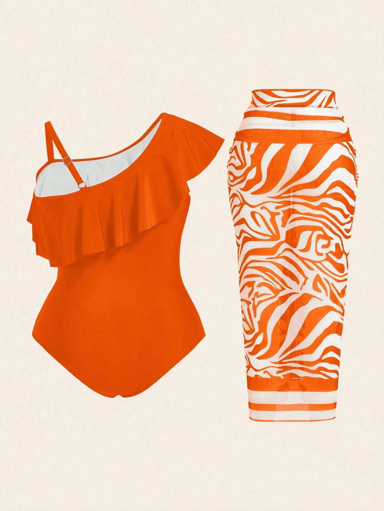 Swim Oasis 2026 Plus Size Women's Solid Color Patchwork Ruffle One-Piece Swimsuit With Zebra Print Coverup And Mini Skirt Beach Vacation Orange Summer Sexy