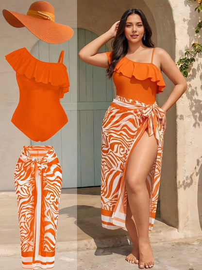 Swim Oasis 2026 Plus Size Women's Solid Color Patchwork Ruffle One-Piece Swimsuit With Zebra Print Coverup And Mini Skirt Beach Vacation Orange Summer Sexy