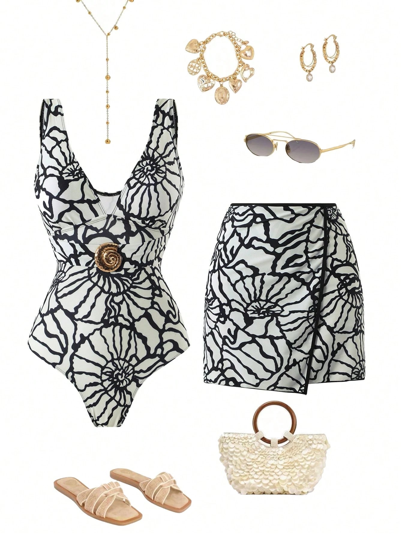 Swim Oasis 2026 Plus Size Women White,Summer,Tropical,Bachelorette Party,Beach,Holiday Printed V-Neck One-Piece Swimsuit & Skirt With Elegant Snail Shell Decor
