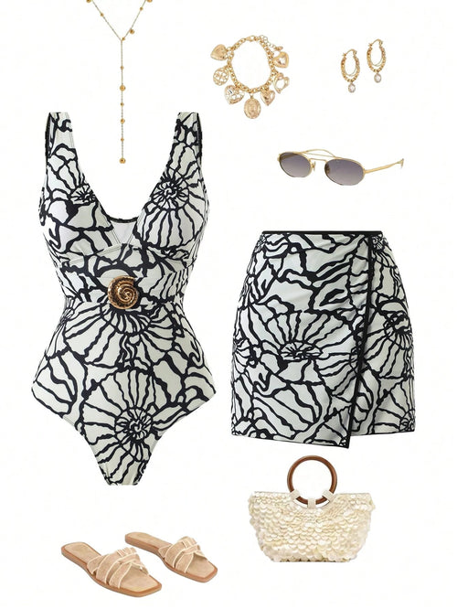 Swim Oasis 2026 Plus Size Women White,Summer,Tropical,Bachelorette Party,Beach,Holiday Printed V-Neck One-Piece Swimsuit & Skirt With Elegant Snail Shell Decor