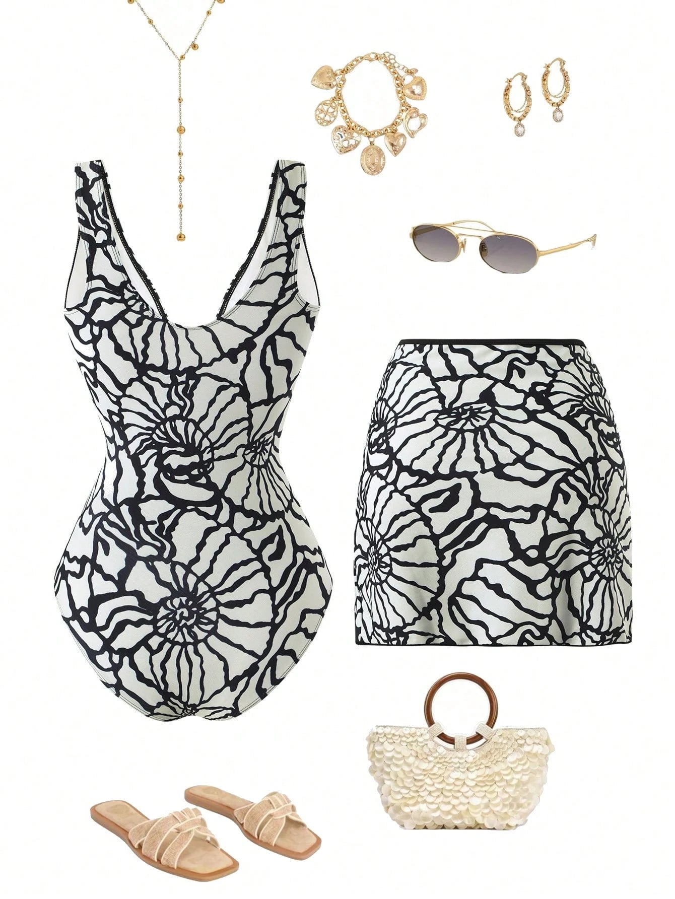 Swim Oasis 2026 Plus Size Women White,Summer,Tropical,Bachelorette Party,Beach,Holiday Printed V-Neck One-Piece Swimsuit & Skirt With Elegant Snail Shell Decor
