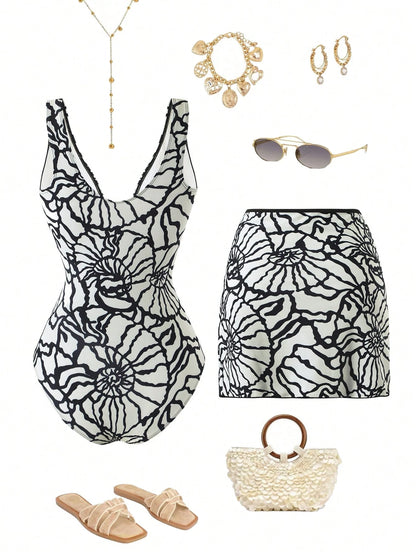 Swim Oasis 2026 Plus Size Women White,Summer,Tropical,Bachelorette Party,Beach,Holiday Printed V-Neck One-Piece Swimsuit & Skirt With Elegant Snail Shell Decor