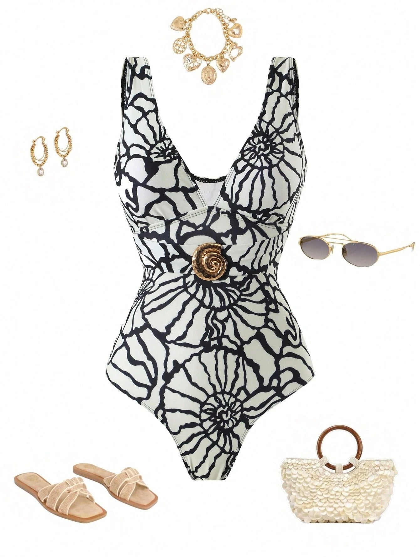 Swim Oasis 2026 Plus Size Women White,Summer,Tropical,Bachelorette Party,Beach,Holiday Printed V-Neck One-Piece Swimsuit & Skirt With Elegant Snail Shell Decor