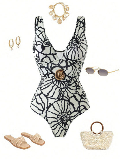 Swim Oasis 2026 Plus Size Women White,Summer,Tropical,Bachelorette Party,Beach,Holiday Printed V-Neck One-Piece Swimsuit & Skirt With Elegant Snail Shell Decor
