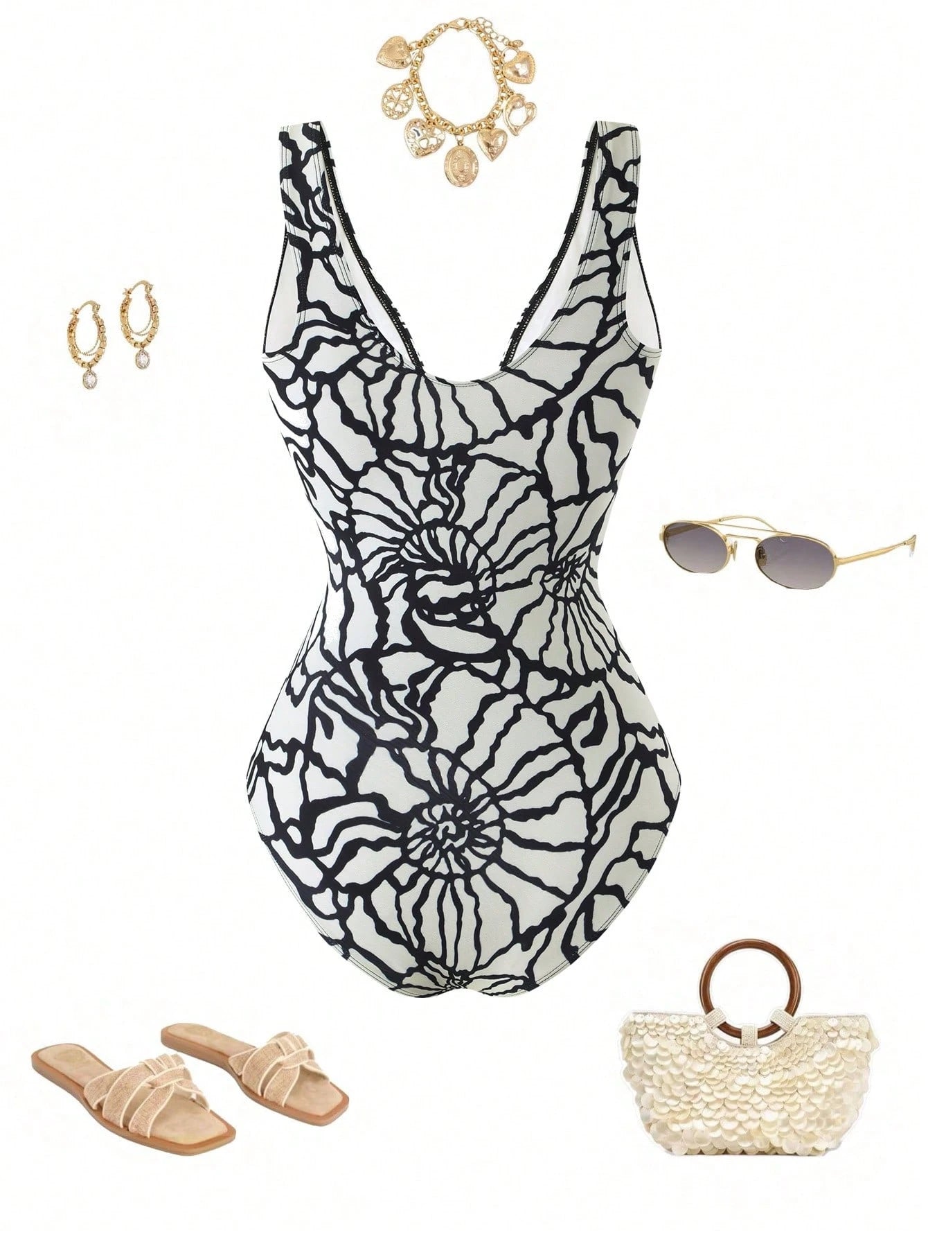 Swim Oasis 2026 Plus Size Women White,Summer,Tropical,Bachelorette Party,Beach,Holiday Printed V-Neck One-Piece Swimsuit & Skirt With Elegant Snail Shell Decor