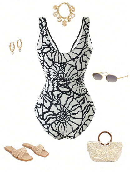 Swim Oasis 2026 Plus Size Women White,Summer,Tropical,Bachelorette Party,Beach,Holiday Printed V-Neck One-Piece Swimsuit & Skirt With Elegant Snail Shell Decor