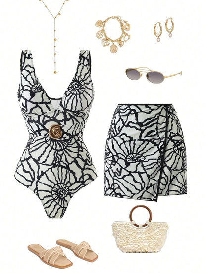 Swim Oasis 2026 Plus Size Women White,Summer,Tropical,Bachelorette Party,Beach,Holiday Printed V-Neck One-Piece Swimsuit & Skirt With Elegant Snail Shell Decor