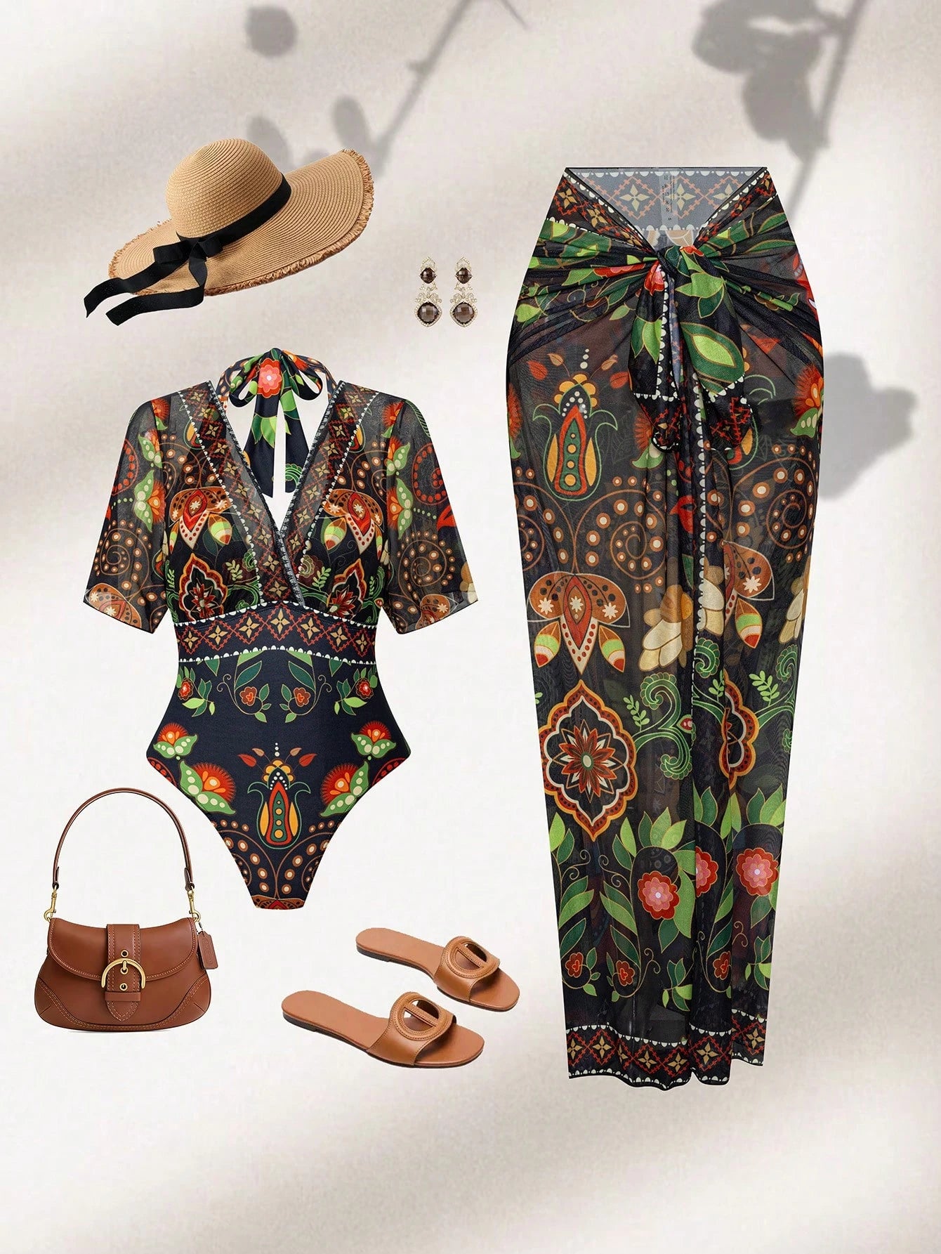 Swim Oasis 2026 Spring/Summer New Plus Size 2-Piece Multi-Color Deep V-Neck Shoulder Strap Asymmetrical Floral Print Design Women's Bikini Set Set Vacation Style Suitable For Beach Holiday