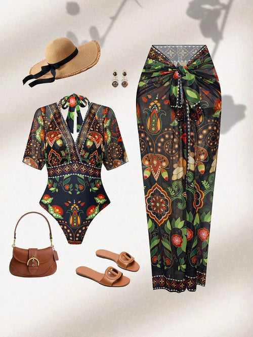 Swim Oasis 2026 Spring/Summer New Plus Size 2-Piece Multi-Color Deep V-Neck Shoulder Strap Asymmetrical Floral Print Design Women's Bikini Set Set Vacation Style Suitable For Beach Holiday