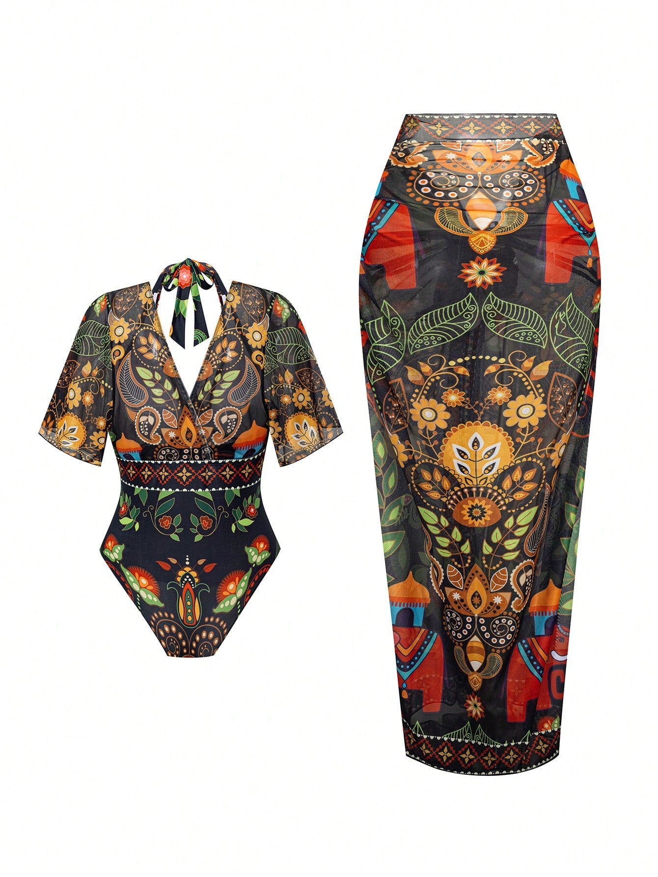 Swim Oasis 2026 Spring/Summer New Plus Size 2-Piece Multi-Color Deep V-Neck Shoulder Strap Asymmetrical Floral Print Design Women's Bikini Set Set Vacation Style Suitable For Beach Holiday