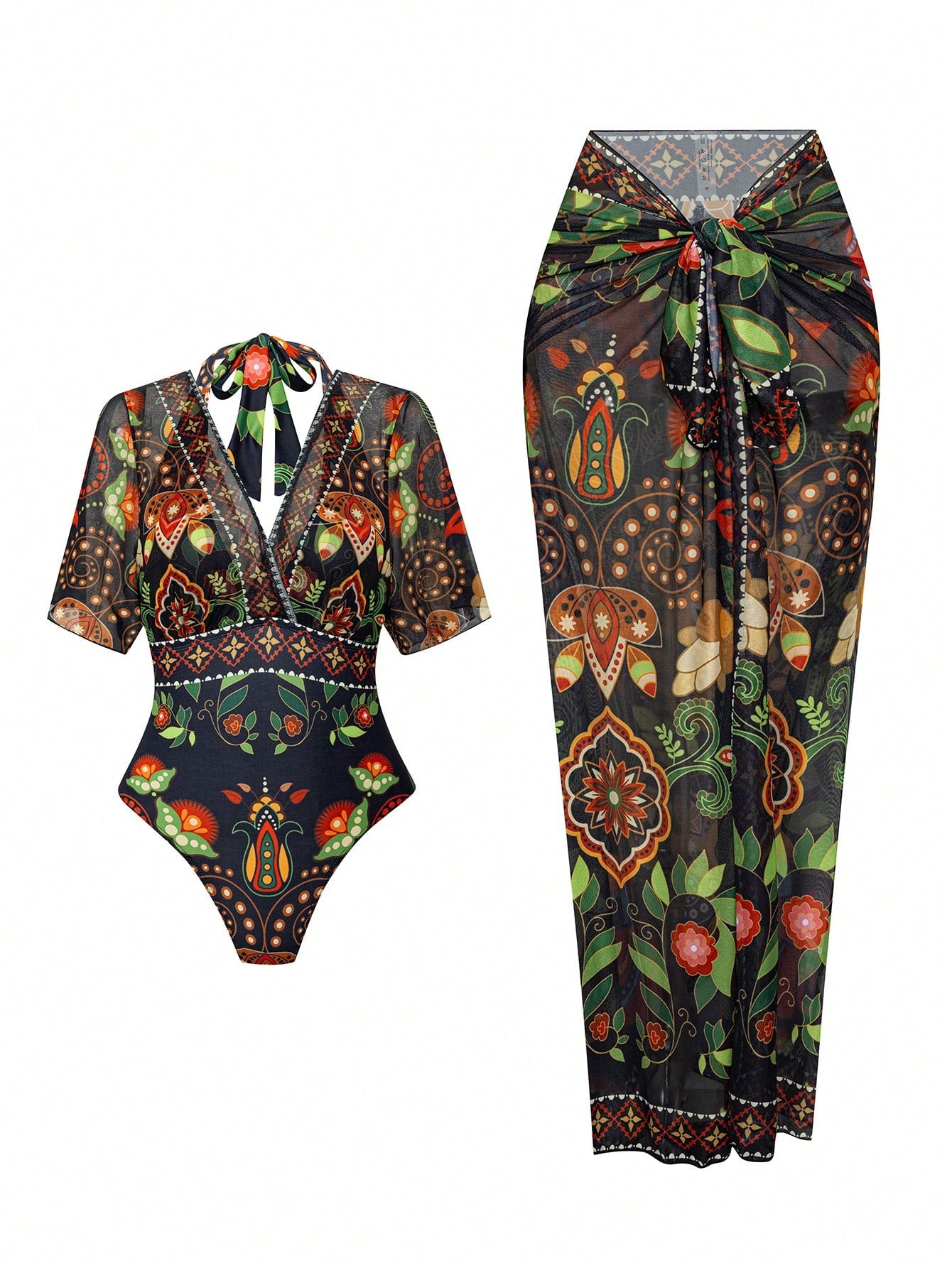 Swim Oasis 2026 Spring/Summer New Plus Size 2-Piece Multi-Color Deep V-Neck Shoulder Strap Asymmetrical Floral Print Design Women's Bikini Set Set Vacation Style Suitable For Beach Holiday