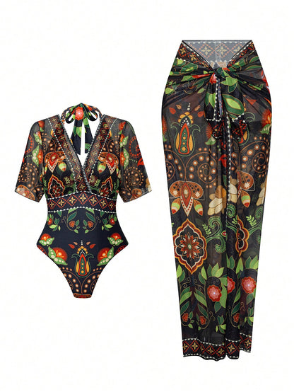 Swim Oasis 2026 Spring/Summer New Plus Size 2-Piece Multi-Color Deep V-Neck Shoulder Strap Asymmetrical Floral Print Design Women's Bikini Set Set Vacation Style Suitable For Beach Holiday